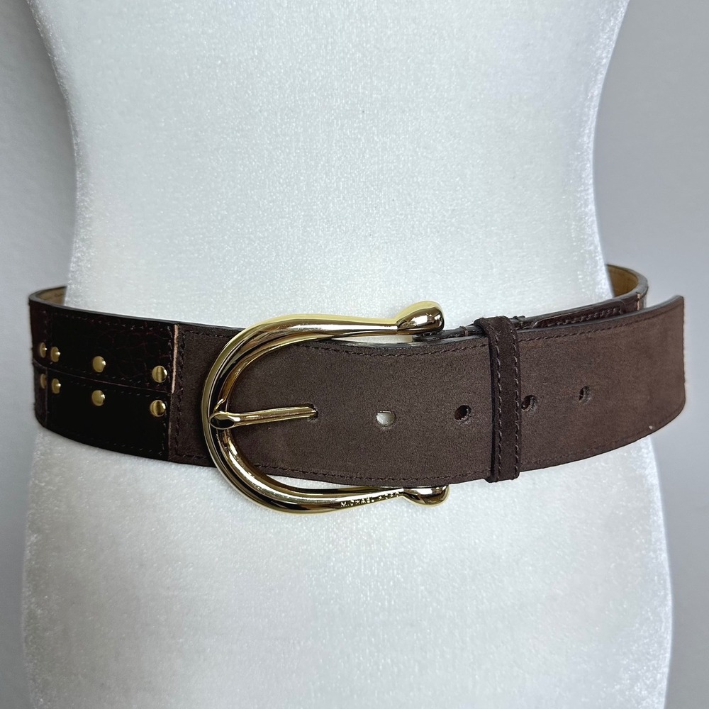 Michael Kors Brown Leather Suede Patchwork Studded Waist Belt Gold Buckle Small - Picture 10 of 10